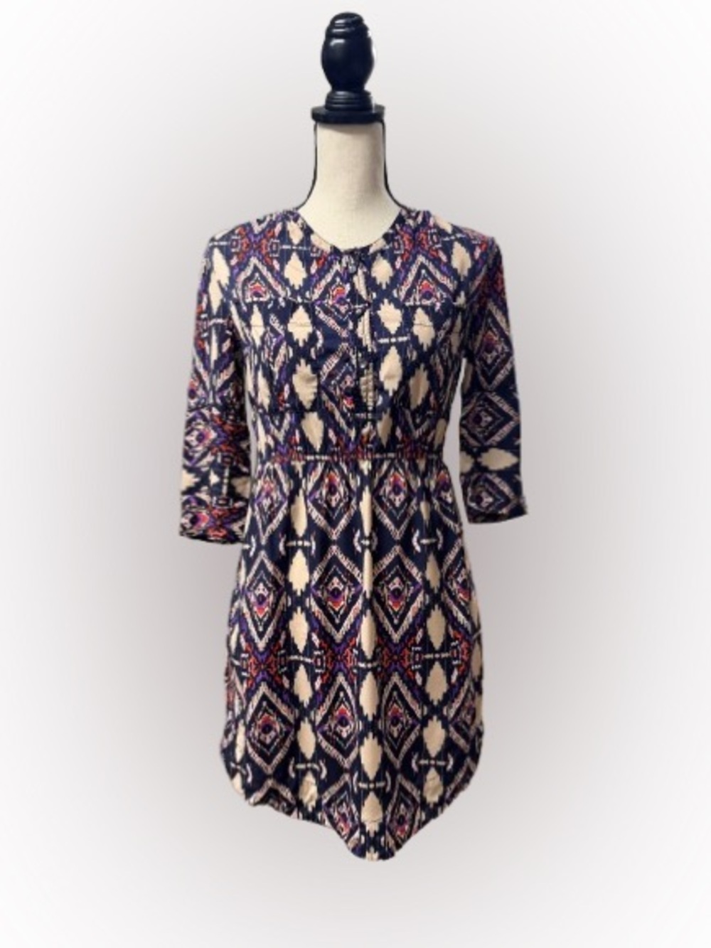 Holding Horses Anthropologie Ikat Print Shirt Dress XS Navy Boho Pockets